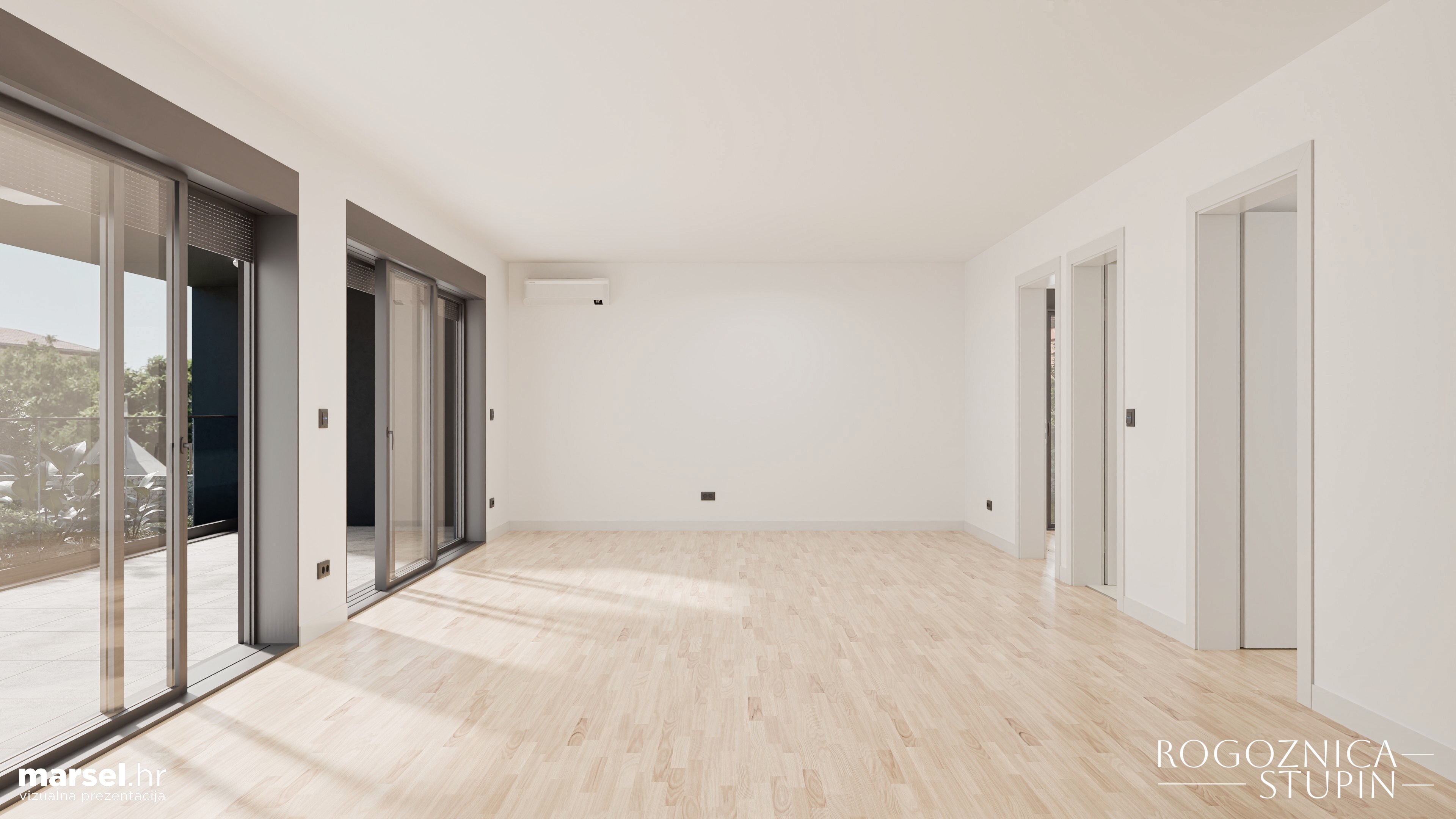 Vizualizacija interijera apartmana u novogradnji Rogoznica Stupin. Prostrani i svijetli unutarnji prostori s pogledom na more, idealni za stanovanje ili investiranje u apartman na dalmatinskoj obali.